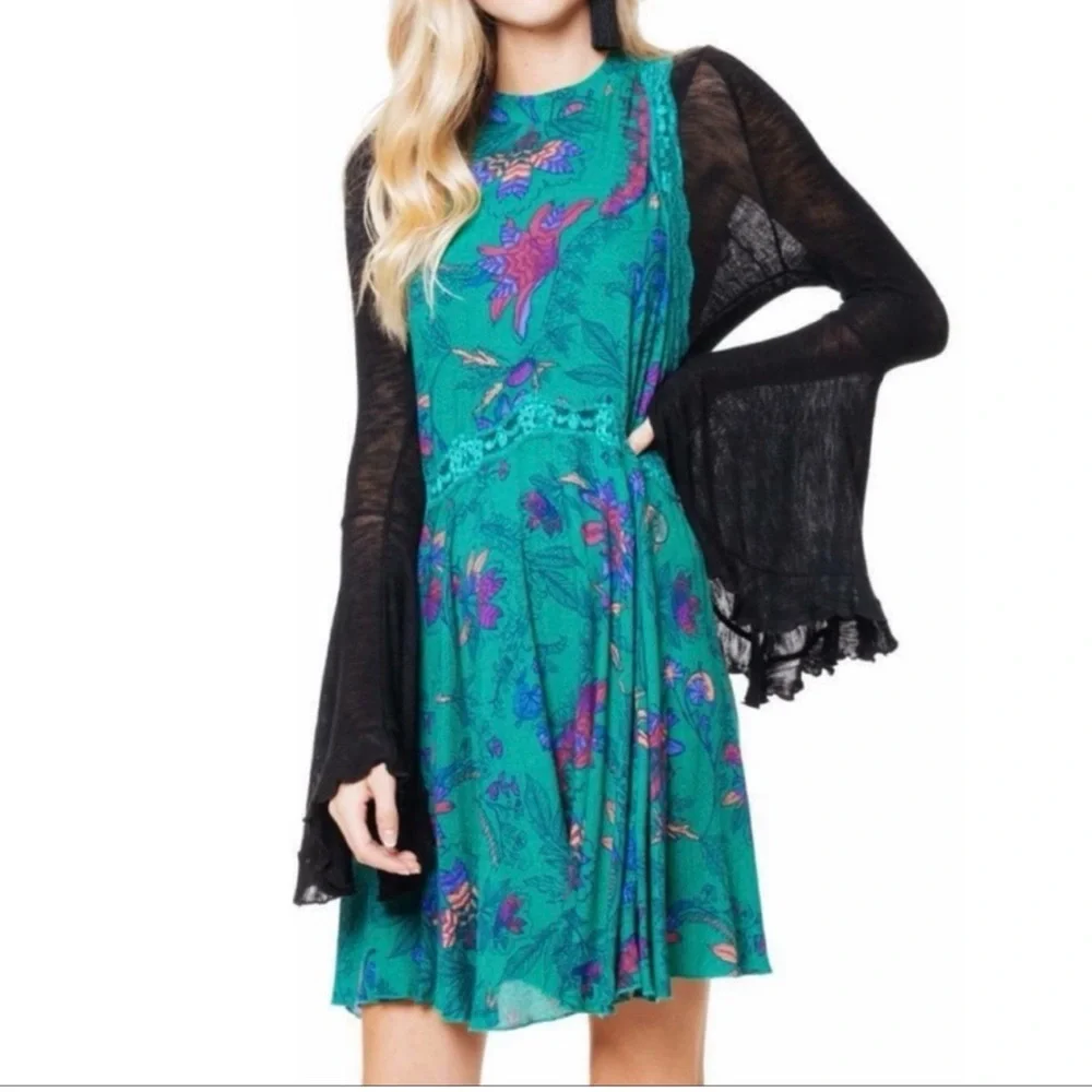 Free People Teal and Purple Floral She Moves Oversized Sleeveless Mini Chemise - Picture 7 of 15